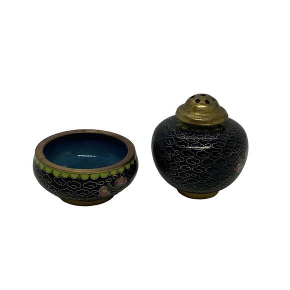 Vintage Set Chinese Black Cloisonné Salt Cellar Pepper Shaker Flowers Design - Picture 15 of 16